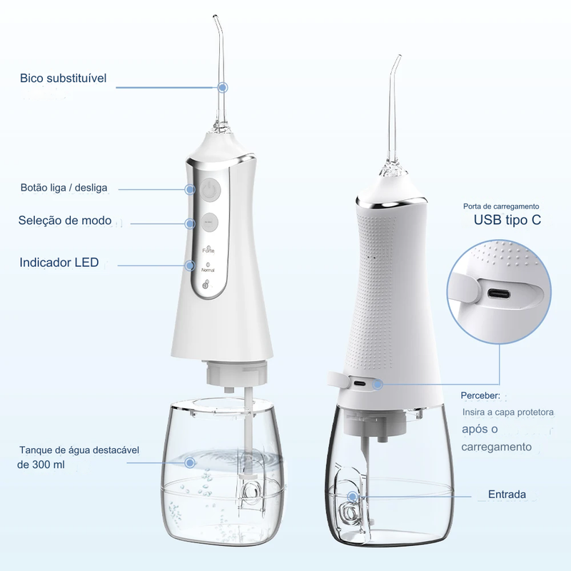 Irrigador Oral Portátil Recarregável 220ml - Higiene Bucal Completa e Prática